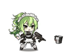 1girl :d animated apron black_footwear blush breasts bucket calico_light_weapons_systems calico_m950 calico_m950a character_name cheek_pistol clothes_writing clothing_cutout collarbone double-stack_magazine dress female_focus floating_hair frills full_body girls&#039;_frontline green_hair grey_legwear gun hair_between_eyes handgun helical_magazine high-capacity_magazine high_heels holding holding_gun holding_weapon knee_pads long_hair lowres m950a_(girls&#039;_frontline) m950a_(home_ec_training)_(girls&#039;_frontline) machine_pistol maid medium_breasts mop official_alternate_costume open_mouth pistol pouch puffy_sleeves shoulder_cutout sidelocks simple_background single_knee_pad skirt smile solo spinning_mop standing standing_on_one_leg stubby_grip tossing trigger_discipline twintails vertical_forward_grip wavy_hair weapon wind yellow_eyes zagala