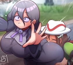 2girls absurdres artist_name black_hair breasts brown_hair dress face_in_ass fedora grabbing_another&#039;s_ass groping hair_between_eyes harmony_(pokemon) hat hex_maniac_(pokemon) hex_maniac_(pokemon_legends:_z-a) highres large_breasts multiple_girls nintendo pokemon pokemon_legends:_z-a purple_dress semi_draws smelling smelling_ass yuri