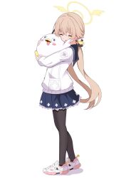 1girl black_pantyhose blue_archive blue_skirt cardigan hair_ribbon halo happy hifumi_(blue_archive) highres holding holding_stuffed_toy long_hair low_twintails open_mouth pantyhose peroro_(blue_archive) ribbon sailor_collar school_uniform serafuku shoes simple_background skirt smile sneakers solo stuffed_animal stuffed_bird stuffed_toy twintails white_background white_cardigan white_sneakers winged_halo yellow_eyes yellow_halo zundamochi_(sera)