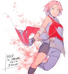 1girl bike_shorts black_gloves black_shorts character_name dated elbow_pads gloves green_eyes grin haruno_sakura highres looking_at_viewer naruto_(series) naruto_shippuuden ninja pink_hair red_shirt shirt short_hair shorts simple_background sleeveless sleeveless_shirt smile solo tareme teeth white_background zifletts