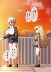 2girls black_cardigan blonde_hair blue_eyes bob_cut botsuko-chan_(zurikishi) bra breast_pocket breasts cardigan chiisai_gyaru_(zurikishi) cleavage cloud commentary_request full_body grey_hair grey_skirt hair_between_eyes hair_ornament highres huge_breasts lace lace-trimmed_bra lace_trim long_hair multiple_girls on_roof orange_sky original outdoors pink_bra pocket railing shirt short_hair shortstack skirt sky speech_bubble sunset translation_request unbuttoned unbuttoned_shirt underwear very_long_hair yellow_eyes zurikishi
