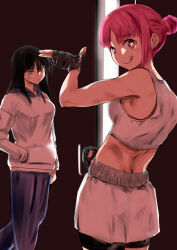 2girls :p black_gloves black_hair breasts fingerless_gloves from_behind gloves hair_bun hand_in_pocket hongou_hina hood hoodie isshou_senkin looking_at_viewer looking_back mole mole_under_eye multiple_girls murasaki_iro pink_hair star-shaped_pupils star_(symbol) sweat sweater symbol-shaped_pupils tank_top tenma_nozomi tongue tongue_out white_hoodie white_tank_top