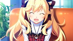 1girl ^_^ black_ribbon blonde_hair booth_seating closed_eyes dress fang game_cg grisaia_(series) grisaia_no_meikyuu hair_ribbon indoors long_hair matsushima_michiru non-web_source open_mouth plaid_clothes plant red_dress restaurant ribbon shirt sleeveless sleeveless_dress smile solo turtleneck turtleneck_shirt twintails upper_body variant_set watanabe_akio white_shirt window