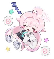1girl =_= absurdres ahoge apopo black_gloves black_shirt blue_archive blush_stickers chibi chibi_only closed_eyes collared_shirt commentary_request crossed_bangs drooling dutch_angle fang fingerless_gloves food full_body gloves hair_between_eyes halo highres hoshino_(blue_archive) huge_ahoge hugging_object kamaboko korean_commentary long_hair long_sleeves lying miniskirt mouth_drool narutomaki on_back open_mouth pillow pillow_hug pink_hair pink_halo plaid_clothes plaid_skirt pleated_skirt school_uniform shirt shoe_soles shoes sidelocks skin_fang skirt sleeping smile sneakers socks solo star_(symbol) very_long_hair white_shirt white_socks zzz