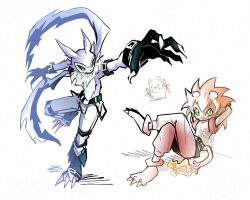 2boys blue_fur body_fur broken_horn brown_hair digimon digimon_(creature) fiery_tail flamon green_eyes highres horns male_focus medium_hair multiple_boys oh_sorry_01 pants pointy_ears red_pants simple_background strabimon tail white_background white_pants yellow_eyes