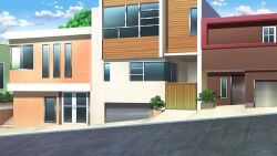 blue_sky brick_wall bush cloud cloudy_sky day fence garage highres house no_humans non-web_source official_art our_life:_beginnings_and_always outdoors plant potted_plant road scenery sky stairs variant_set window wooden_wall