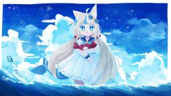 1girl absurdres ahoge blonde_hair blue_bow blue_eyes blue_hair blue_scrunchie blue_sky bow cloud crab dress fins fish_girl fish_tail hair_bow highres holding hyou_1027 indie_virtual_youtuber lifebuoy_hair_ornament long_hair low_twintails multicolored_hair one_side_up sameko_saba scrunchie sky sleeveless sleeveless_dress smile solo streaked_hair tail twintails very_long_hair virtual_youtuber wading water white_dress