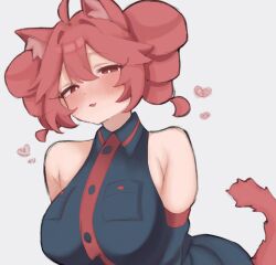 1girl ahoge alternate_breast_size animal_ears bare_shoulders black_shirt black_skirt black_sleeves blush breast_pocket breasts cat_ears cat_tail collared_shirt detached_sleeves dot_nose drill_hair grey_background hair_between_eyes heart highres kasane_teto kasane_teto_(utau) large_breasts looking_at_viewer parted_lips pocket red_eyes red_hair red_tail shirt simple_background skirt sleeveless solo tail twin_drills upper_body ur_(ur_o_) utau