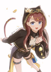 :d absurdres ankh arknights black_jacket black_ribbon black_shorts blue_eyes brown_hair chinese_commentary coin commentary cowboy_shot cyrilcyclone dated ear_piercing fang flower gold gold_coin hair_behind_ear hand_up highres hood hood_up hooded_jacket infection_monitor_(arknights) jacket leaning leaning_forward long_hair long_sleeves looking_at_viewer making-of_available mixed-language_commentary neck_ribbon open_clothes open_jacket open_mouth pepe_(arknights) piercing ribbon shorts signature simple_background skin_fang smile standing thigh_strap white_background white_flower