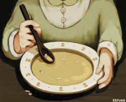 1girl artist_name bowl drugs food green_shirt head_out_of_frame highres kapura long_sleeves original pill shirt signature solo soup spoon upper_body