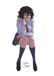 1girl arm_on_thigh asai_akira black_eyes black_hair black_socks black_thighhighs blush brown_footwear grey_skirt hair_between_eyes hand_on_own_cheek hand_on_own_face highres long_sleeves medium_hair necktie red_necktie sagawa_haruka school_uniform shirt sitting skirt socks solo striped_necktie thighhighs white_shirt yofukashi_no_uta zettai_ryouiki