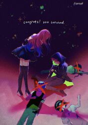 Rule 34 | 1boy, 4girls, alien stage, black boots, black cloak, black dress, black hood, black pants, black shirt, blue hair, boots, cloak, commentary, dress, dual persona, english commentary, english text, high heel boots, high heels, highres, hood, hood up, hyuna (alien stage), long hair, lying, mizi (alien stage), multicolored hair, multiple girls, on back, pants, pink hair, shirt, short hair, signature, starqyyt, sua (alien stage), tears, thigh boots, till (alien stage), two-tone hair, very long hair, x