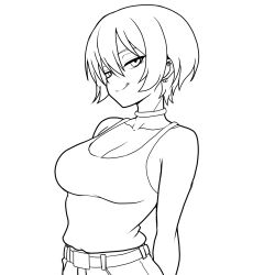 1girl amate_yuzuriha arms_behind_back breasts cleavage gundam gundam_gquuuuuux half-closed_eyes highres large_breasts legs licking_lips looking_at_viewer monochrome naughty_face pants seductive_gaze seductive_smile shirt short_hair sketch sleeveless sleeveless_shirt smile solo thighs tongue tongue_out