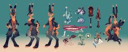 3others absurdres ambiguous_gender animal_ears animal_nose b.i.a black_fur body_markings cactus completely_nude concept_art digitigrade facial_mark flower fluffy full_body furry gradient_background highres multicolored_fur multiple_others multiple_views multiple_weapons nude orange_fur original plant rabbit_ears rabbit_paws rabbit_tail reference_sheet simple_background tail yellow_eyes