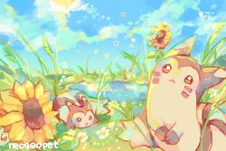 animal_focus artist_name blue_sky cloud commentary english_commentary ferret flower furret gen_2_pokemon grass highres hue_shifting looking_at_viewer nature neogeopet nintendo no_humans outdoors pokemon pokemon_(creature) pokemon_focus pond scenery sky sunflower water yellow_flower
