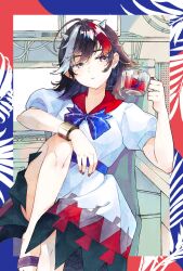 Rule 34 | 1girl, arrow (symbol), arrow print, blue bow, bow, closed mouth, computer, cone horns, cup, elbow rest, fingernails, glass, hand on own knee, highres, holding, holding cup, horns, kijin seija, konruri blue, leg up, looking to the side, medium hair, multicolored hair, outside border, red sailor collar, sailor collar, sitting, small horns, solo, streaked hair, touhou, white horns