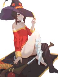 Rule 34 | 1girl, absurdres, adjusting clothes, adjusting headwear, asymmetrical legwear, bandaged leg, bandages, bare shoulders, belt collar, black hair, cape, chinese commentary, closed mouth, collar, collarbone, commentary request, dress, feet, full body, hat, highres, knee up, kono subarashii sekai ni shukufuku wo!, long sleeves, mage staff, megumin, mismatched legwear, off-shoulder dress, off shoulder, red dress, red eyes, shoes, short dress, short hair with long locks, simple background, single thighhigh, sitting, solo, thighhighs, thighs, toes, unworn cape, unworn shoes, white background, witch hat, ynnk lc