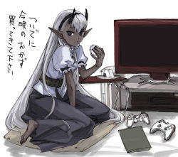 1girl barefoot black_eyes controller dark-skinned_female dark_skin demon_girl dress dualshock female_focus food food_on_face game_console game_controller gamepad hairband horns kneeling long_hair microsoft onigiri open_mouth original playstation_2 playstation_controller pointy_ears sitting solo sony television tetsu_(kimuchi) translated white_hair xbox_360 yokozuwari