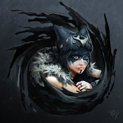1girl blue_headwear celtic drawing facepaint fur_trim headdress hellblade lips photoshop_(medium) senua war_paint warrior yellow_eyes
