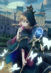 Rule 34 | 1girl, absurdres, black robe, brown hair, bug, building, butterfly, cat, finger to mouth, hair between eyes, highres, holding, holding staff, hood, insect, key visual, long hair, looking at viewer, looking back, magic circle, monica everett, nero (silent witch), official art, outdoors, promotional art, robe, silent witch, staff, wide sleeves