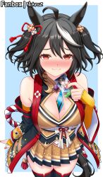 1girl :3 absurdres ahoge animal_ears bare_shoulders between_breasts black_hair black_sleeves black_thighhighs blue_background blush bow breasts brown_dress card card_between_breasts chanchanko_(clothes) cleavage cleavage_cutout closed_mouth clothing_cutout commentary cowboy_shot credit_card detached_sleeves dress ear_ornament ear_ribbon english_commentary fanbox_username flower_ornament hair_between_eyes highres holding holding_card horse_ears horse_girl horse_tail kitasan_black_(umamusume) kouhaku_nawa large_breasts looking_at_viewer medium_hair mixed-language_commentary multicolored_hair nekroz7 nose_blush paid_reward_available pleated_dress red_eyes red_nails rope shimenawa sidelocks skindentation sleeveless sleeveless_dress smile solo standing streaked_hair tail thighhighs two_side_up umamusume white_hair zettai_ryouiki