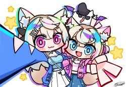 :3 absurdres animal_ear_fluff animal_ears blonde_hair blue_camisole blue_coat blue_eyes blue_shorts breasts camisole chibi cleavage coat cowboy_shot dog_ears dog_girl dog_tail fang fuwawa_abyssgard fuwawa_abyssgard_(casual) highres hololive hololive_english jacket long_hair mococo_abyssgard mococo_abyssgard_(casual) multicolored_hair open_clothes open_coat open_jacket perroccino_(fuwamoco) pink_eyes pink_hair pink_jacket selfie shirt short_hair shorts siblings sico_de_seraph simple_background sisters skin_fang skirt tail twins two-tone_hair v virtual_youtuber white_background white_shirt white_skirt