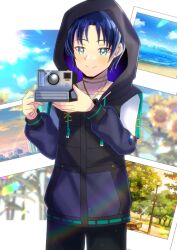 Rule 34 | 1boy, black jacket, black pants, blue eyes, blue hair, camera, closed mouth, collarbone, commentary request, commission, cowboy shot, hands up, holding, holding camera, hood, hood up, hooded jacket, jacket, kou hiyoyo, long sleeves, looking at viewer, male focus, original, pants, photo (object), puffy long sleeves, puffy sleeves, skeb commission, smile, solo, standing