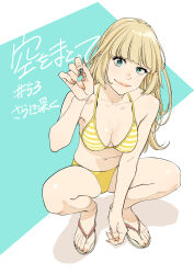 1girl aqua_eyes bikini blonde_hair breasts character_request collarbone full_body highres hime_cut komi_shin&#039;ya long_hair looking_at_viewer nail_polish navel sandals simple_background sora_wo_matotte swimsuit yellow_bikini