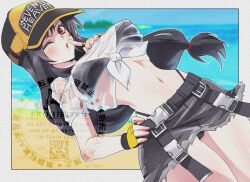 Rule 34 | 1girl, baseball cap, beach, belt, bikini, bikini under clothes, black bikini, black hair, blurry, blurry background, blush, breasts, cowboy shot, denim, denim skirt, final fantasy, final fantasy vii, final fantasy vii ever crisis, finger to mouth, fingerless gloves, frayed skirt, gloves, grey skirt, hand on own hip, hat, highleg, highleg bikini, index finger raised, large breasts, lifeguard, long hair, looking at viewer, low-tied long hair, midriff, mixed-language commentary, navel, ocean, official alternate costume, one eye closed, outside border, red eyes, sand, see-through clothes, see-through shirt, shikiwo, shirt, shushing, skirt, solo, stomach, swimsuit, tied shirt, tifa lockhart, tifa lockhart (lifeguard), wet, wet clothes, wet shirt, white shirt, yellow gloves