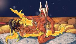 Rule 34 | 2024, 2girls, bleach, bleach: sennen kessen-hen, boku no hero academia, breasts, commission, crossover, dark-skinned female, dark skin, electricity, electrokinesis, gutsbro14, hair ears, hair ornament, large breasts, long hair, mirko, multiple girls, muscular, muscular female, nipples, nude, open mouth, parted bangs, ponytail, purple hair, rabbit ears, red eyes, shihouin yoruichi, sweat, thighs, toned, toned female, tongue, tongue out, tribadism, white hair, yuri