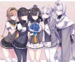 5girls akizuki_(kancolle) black_hair black_headband black_sailor_collar blue_eyes blush bodysuit border breasts brown_hair clothes_writing cowboy_shot dated flower fuyutsuki_(kancolle) gloves gradient_background grey_hair hachimaki hair_ornament hairband hatsuzuki_(kancolle) headband highres kabocha_torute kantai_collection large_breasts long_hair looking_at_viewer medium_breasts multiple_girls neckerchief open_mouth pink_background pleated_skirt ponytail sailor_collar school_uniform serafuku short_hair side_ponytail skirt smile suzutsuki_(kancolle) teruzuki_(kancolle) twitter_username white_border white_skirt