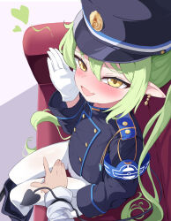 Rule 34 | 1boy, 1girl, 5s0n9, absurdres, armband, black hat, black jacket, blue archive, blue armband, blush, buttons, clothes pull, commentary request, demon tail, double-breasted, fang, gloves, grabbing another&#039;s arm, green hair, hair between eyes, hand up, hat, heart, highres, jacket, long hair, long sleeves, looking at viewer, nozomi (blue archive), open mouth, pantyhose, peaked cap, pointy ears, sensei (blue archive), shorts, shorts pull, sitting, skin fang, smile, solo focus, tail, tail wrap, twintails, white gloves, white pantyhose, yellow eyes