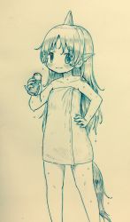 1girl arinu bottle closed_mouth cowboy_shot hand_on_own_hip highres holding holding_bottle horns komano_aunn long_hair milk milk_bottle monochrome naked_towel pointy_ears simple_background single_horn standing touhou towel very_long_hair wet wet_hair
