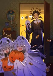 &gt;_&lt; 0p78xopwsj83779 1girl 2boys aged_down brother_and_sister candlelight candlestand candy commentary floating floating_object food ghost_costume gopher_wood halloween halloween_bucket halloween_costume halo halo_behind_head head_wings highres holding holding_mask honkai:_star_rail honkai_(series) indoors long_hair mask multiple_boys open_mouth piercing pumpkin robin_(honkai:_star_rail) scared sheet_ghost siblings smile spiked_halo sunday_(honkai:_star_rail) symbol-only_commentary trick_or_treat white_wings wing_piercing wings