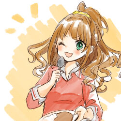 Rule 34 | 1girl, ;d, blush, brown background, brown hair, collared shirt, food, green eyes, highres, hino akane (idolmaster), holding, holding plate, holding spoon, idolmaster, idolmaster cinderella girls, idolmaster cinderella girls starlight stage, long hair, long sleeves, looking at viewer, notice lines, one eye closed, open mouth, plate, ponytail, red shirt, rino cnc, shirt, smile, solo, spoon, two-tone background, upper body, v-shaped eyebrows, white background