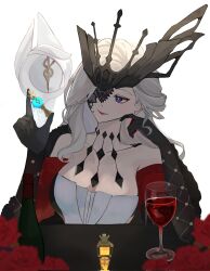 Rule 34 | 1girl, alcohol, bare shoulders, black gloves, black mask, blonde hair, blue eyes, butterfly mask, cup, delusion (genshin impact), dress, drinking glass, earrings, fur trim, genshin impact, gloves, gnosis (genshin impact), highres, holding gnosis, jewelry, lace-trimmed eyepatch, long hair, mask, mask over one eye, nee madiiiii, one eye covered, signora (genshin impact), smile, solo, studded gloves, wine, wine glass