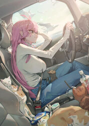 1girl absurdres antenna_hair bandaid bandaid_on_finger between_breasts bird blue_pants bottle breasts car car_interior car_seat cat closed_eyes closed_mouth cup disposable_cup drinking_straw driving dutch_angle from_side highres jhigf large_breasts long_hair mole mole_on_neck motor_vehicle multiple_cats original pants pink_hair seatbelt sitting sleeping sleeves_past_wrists smile solo steering_wheel strap_between_breasts sweater turtleneck turtleneck_sweater window yellow_eyes