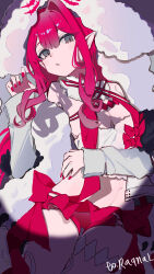 1girl absurdres baobhan_sith_(fate) baobhan_sith_(swimsuit_pretender)_(first_ascension)_(fate) breasts cernunnos_(fate) character_hood detached_sleeves expeddddd fate/grand_order fate_(series) hand_up highres jacket long_hair looking_at_viewer microskirt open_mouth pink_hair pink_skirt pointy_ears sidelocks skirt solo white_jacket