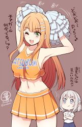 2girls ;d armpits breasts brown_background cheerleader chibi commentary_request gakuen_idolmaster green_eyes grey_hair holding holding_pom_poms idolmaster katsuragi_lilja long_hair looking_at_another looking_at_viewer medium_breasts midriff mole mole_under_eye multiple_girls navel one_eye_closed open_mouth orange_hair orange_skirt pleated_skirt pom_pom_(cheerleading) pom_poms serebi_ryousangata shiun_sumika simple_background skirt smile teeth upper_teeth_only