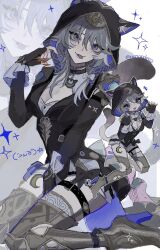 1girl animal_ear_fluff animal_hood black_hood blue_eyes breasts cat_girl cat_hood cat_tail chibi cipher_(honkai:_star_rail) cleavage closed_mouth fingernails grey_hair highres honkai:_star_rail honkai_(series) hood looking_at_viewer medium_breasts multiple_views orange_nails paw_pose sitting smile solo sparkle tail tongue tongue_out twitter_username uma_(npon_zinsei)