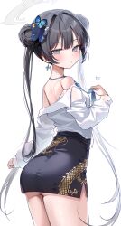 1girl absurdres alternate_costume bare_shoulders black_hair black_skirt blue_archive blue_necktie blush braid braided_bun butterfly_hair_ornament closed_mouth commentary double_bun dragon_print earrings from_behind grey_eyes hair_bun hair_ornament highres jewelry kisaki_(blue_archive) long_hair looking_at_viewer miniskirt necktie nyaruin panties shirt sidelocks skirt solo twintails underwear white_panties white_shirt