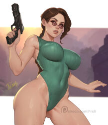 1girl aqua_leotard braid braided_ponytail breasts brown-tinted_eyewear brown_eyes brown_hair covered_navel cowboy_shot freli glasses gun highleg highleg_leotard highres holding holding_gun holding_weapon impossible_clothes impossible_leotard lara_croft large_breasts leotard lips long_hair patreon_logo patreon_username solo tinted_eyewear tomb_raider watermark weapon web_address