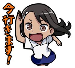 1girl 774_(nanashi) :d bike_shorts black_hair blue_skirt brown_eyes collared_shirt ijiranaide_nagatoro-san long_hair lowres nagatoro_hayase open_mouth shirt simple_background skirt smile solo tan upper_body white_background white_shirt