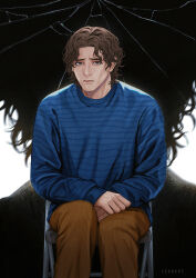 2boys artist_name blue_shirt broken_glass brown_eyes brown_hair brown_pants chair closed_mouth commentary dual_persona english_commentary glass learadz long_sleeves looking_at_viewer male_focus marvel marvel_cinematic_universe multiple_boys on_chair pants puffy_long_sleeves puffy_sleeves sad sentry_(marvel) shirt short_hair simple_background sitting solo_focus striped_clothes striped_pants striped_shirt thunderbolts_(movie) vertical-striped_clothes vertical-striped_pants wavy_hair white_background