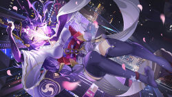 1girl absurdres armor arms_up blunt_bangs blurry braid bridal_gauntlets building cherry_blossoms commentary_request depth_of_field electricity falling_petals floating from_above genshin_impact glowing glowing_sword glowing_weapon gradient_hair hair_flowing_over highres holding holding_sword holding_weapon human_scabbard japanese_clothes katana kimono long_braid long_hair low-braided_long_hair low-tied_long_hair mitsudomoe_(shape) multicolored_hair musou_isshin_(genshin_impact) neck_ribbon petals purple_eyes purple_hair purple_kimono purple_thighhighs raiden_shogun red_ribbon red_sash ribbon sash shade shoulder_armor single_braid skyscraper solo sword thighhighs tomoe_(symbol) user_csxz4844 weapon wide_sleeves