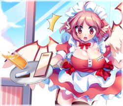 alternate_costume apron black_thighhighs breasts cleavage detached_collar drink enmaided falling garter_straps head_wings kujou_mikuru large_breasts maid maid_apron maid_headdress menu mystia_lorelei pink_hair red_eyes red_ribbon ribbon surprised thighhighs touhou tray wings