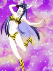 1girl animal_ears bikini black_hair boots cat_ears kampfer long_hair one_eye_closed open_mouth purple_eyes sangou_shizuku screencap swimsuit
