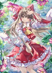Rule 34 | 1girl, bare shoulders, breasts, brown eyes, brown hair, cowboy shot, detached sleeves, hair ribbon, hakurei reimu, highres, long hair, looking at viewer, nanop38, nontraditional miko, red ribbon, red shirt, red skirt, ribbon, shirt, skirt, solo, touhou, water, white sleeves