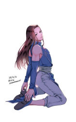 1boy androgynous bare_shoulders black_eyes black_hair closed_mouth dated detached_sleeves empty_eyes head_tilt hunter_x_hunter illumi_zoldyck long_hair looking_at_viewer male_focus pants sash shakikashi shoes side_slit sleeveless solo white_background