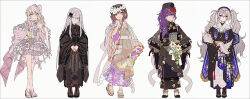 1other 25-ji_miku 25-ji_nightcord_de._(project_sekai) 4girls adapted_costume akiyama_mizuki asahina_mafuyu black_dress black_gloves black_hat black_kimono black_shoes blue_eyes blue_nails bow brown_eyes brown_hair brown_sandals closed_mouth crossed_legs dress floral_print flower flower_wreath frilled_dress frills fringe_trim gloves grey_background grey_bow grey_dress grey_hair hair_between_eyes hair_bow hair_flower hair_ornament hair_over_one_eye hakusai_(tiahszld) hand_up hat hatsune_miku head_wreath heterochromia high_heels highres index_finger_raised itsuka_zetsubou_no_soko_kara_(project_sekai) japanese_clothes kimono long_hair long_sleeves maigo_no_te_wo_hiku_sono_saki_wa_(project_sekai) mitasarenai_pale_color_(project_sekai) multiple_girls nail_polish obi own_hands_together pink_hair print_dress project_sekai purple_dress purple_eyes purple_hair red_eyes red_flower revision sandals sash secret_distance_(project_sekai) shinonome_ena shoes side_ponytail sidelocks simple_background sleeves_past_wrists smile standing twintails very_long_hair vocaloid wide_sleeves yoisaki_kanade